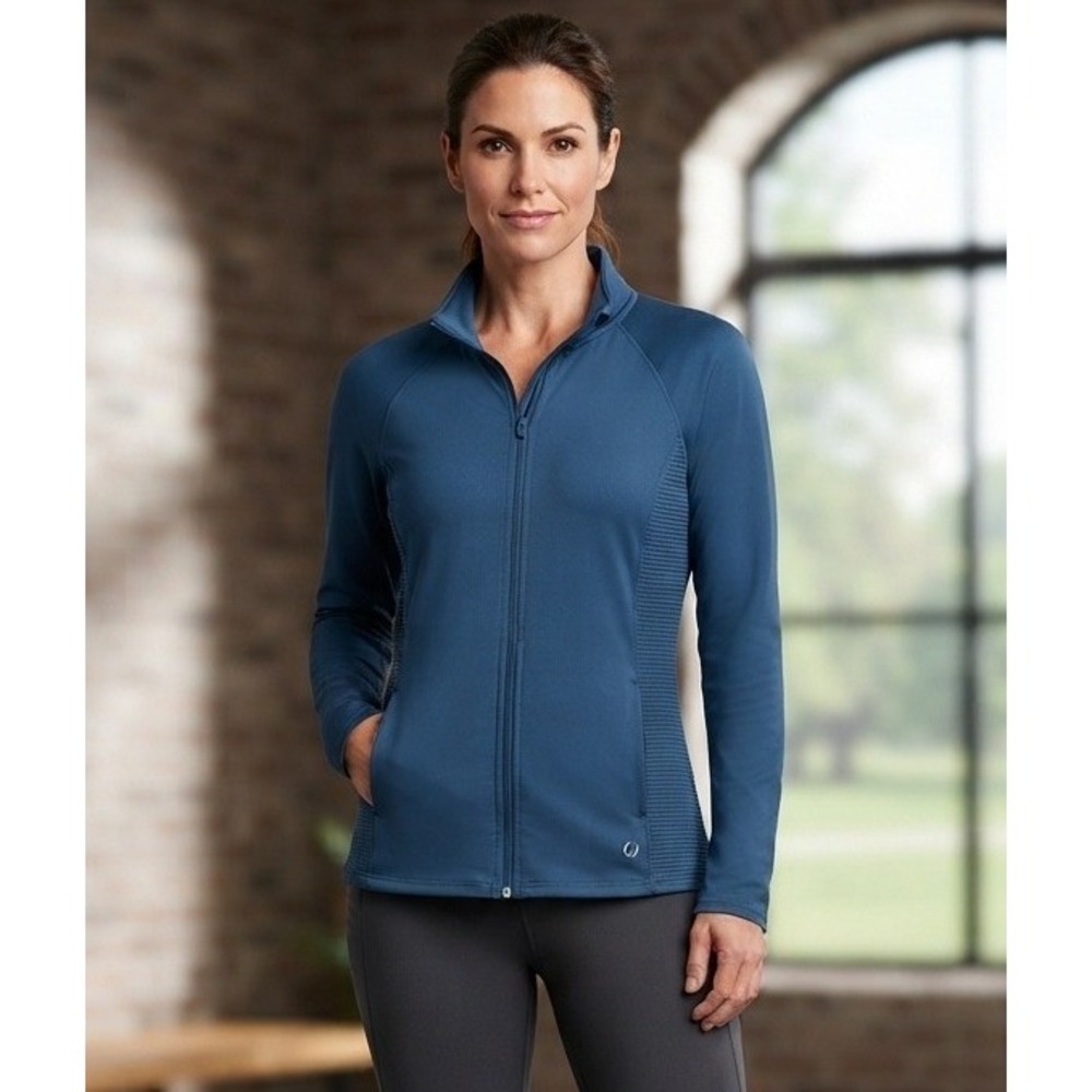 Vogo Athletica Track Jacket Women's M Ribbed Panels Blue Stretch Running Pockets